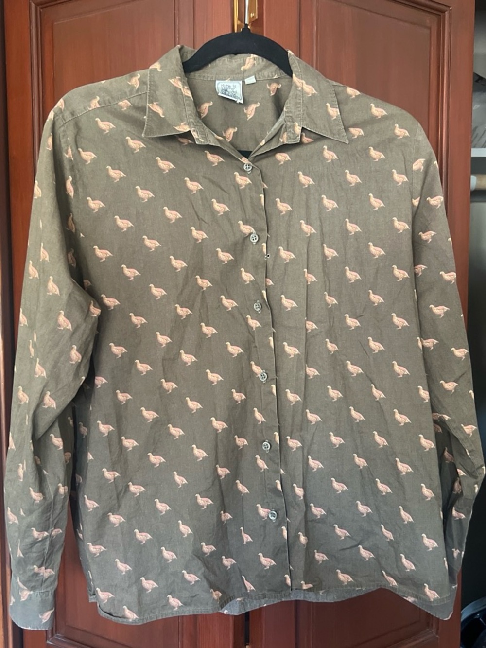 Vintage button up brown long sleeve with bird pattern